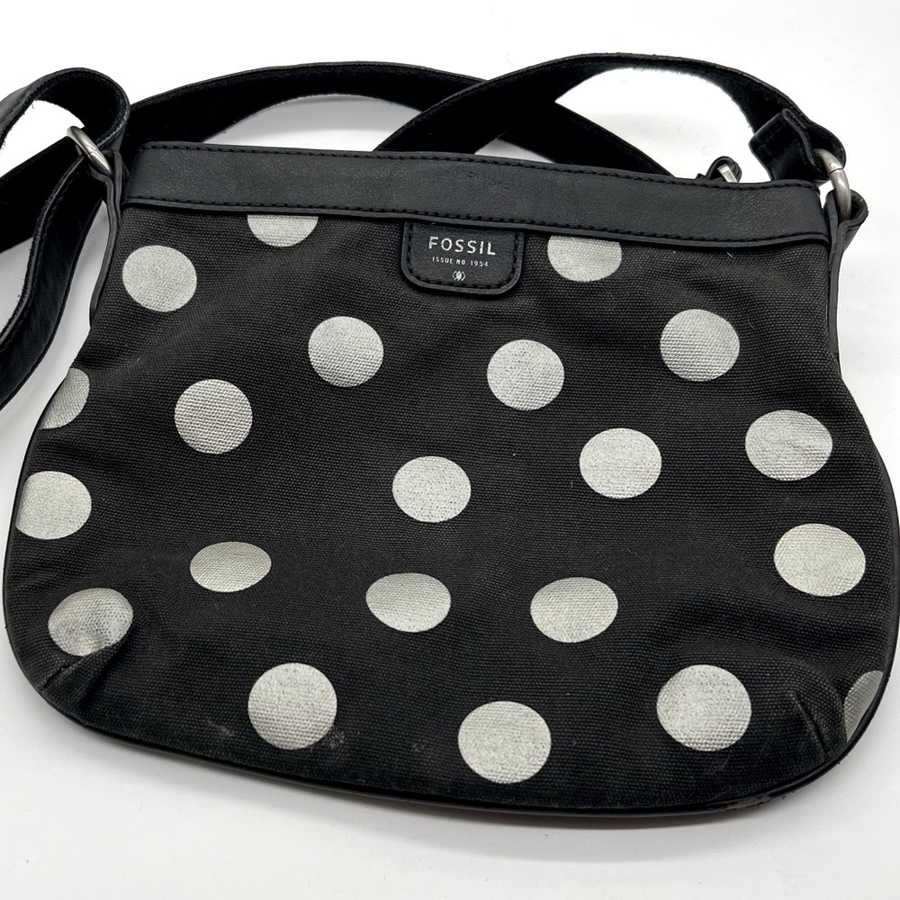 Fossil Black Crossbody Bag with White Polka Dots